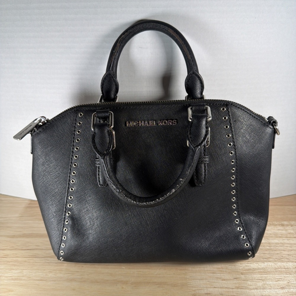 SEE PICS Michael Kors black Leather Ciara Grommet Medium Messenger Satchel